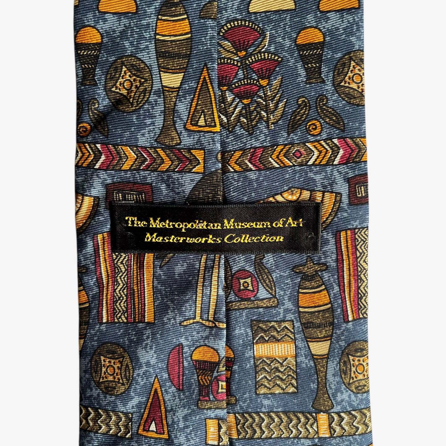 Vintage 90s The Metropolitan Museum Of Art Masterworks Collection Egyptian Hieroglyphs Print Silk Tie Label - Casspios Dream