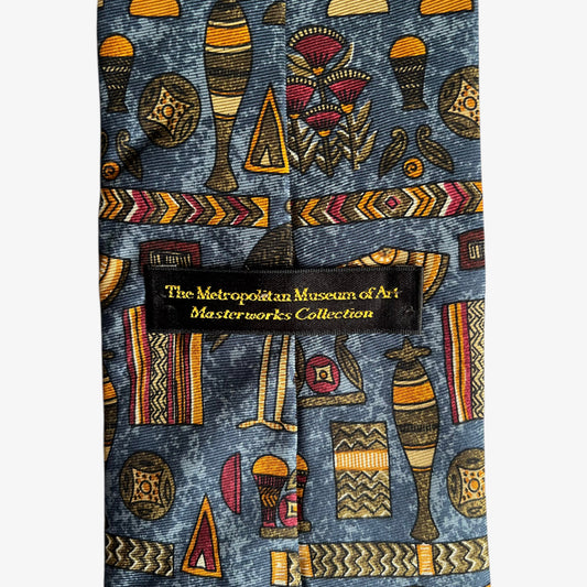 Vintage 90s The Metropolitan Museum Of Art Masterworks Collection Egyptian Hieroglyphs Print Silk Tie Label - Casspios Dream