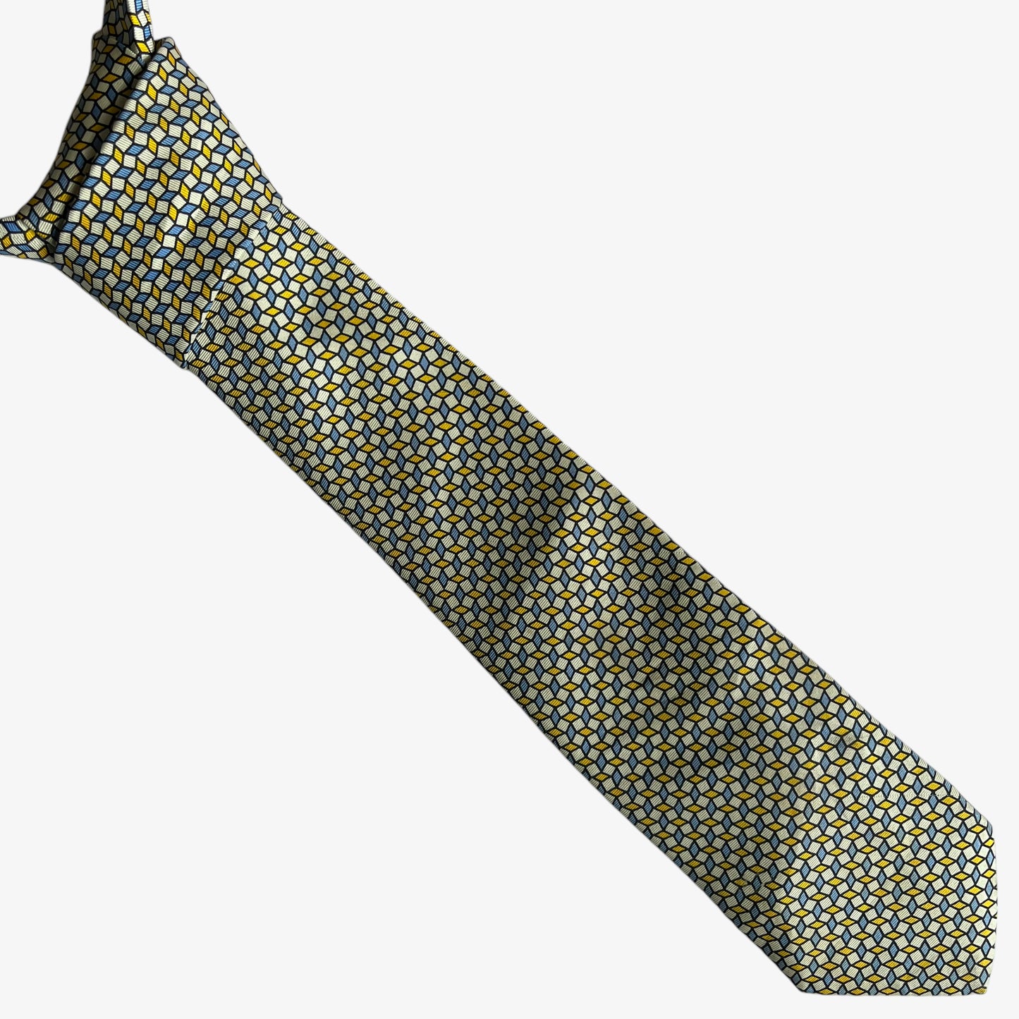 Vintage 90s Thomas Pink Yellow And Blue Abstract Square Print Silk Tie - Casspios Dream