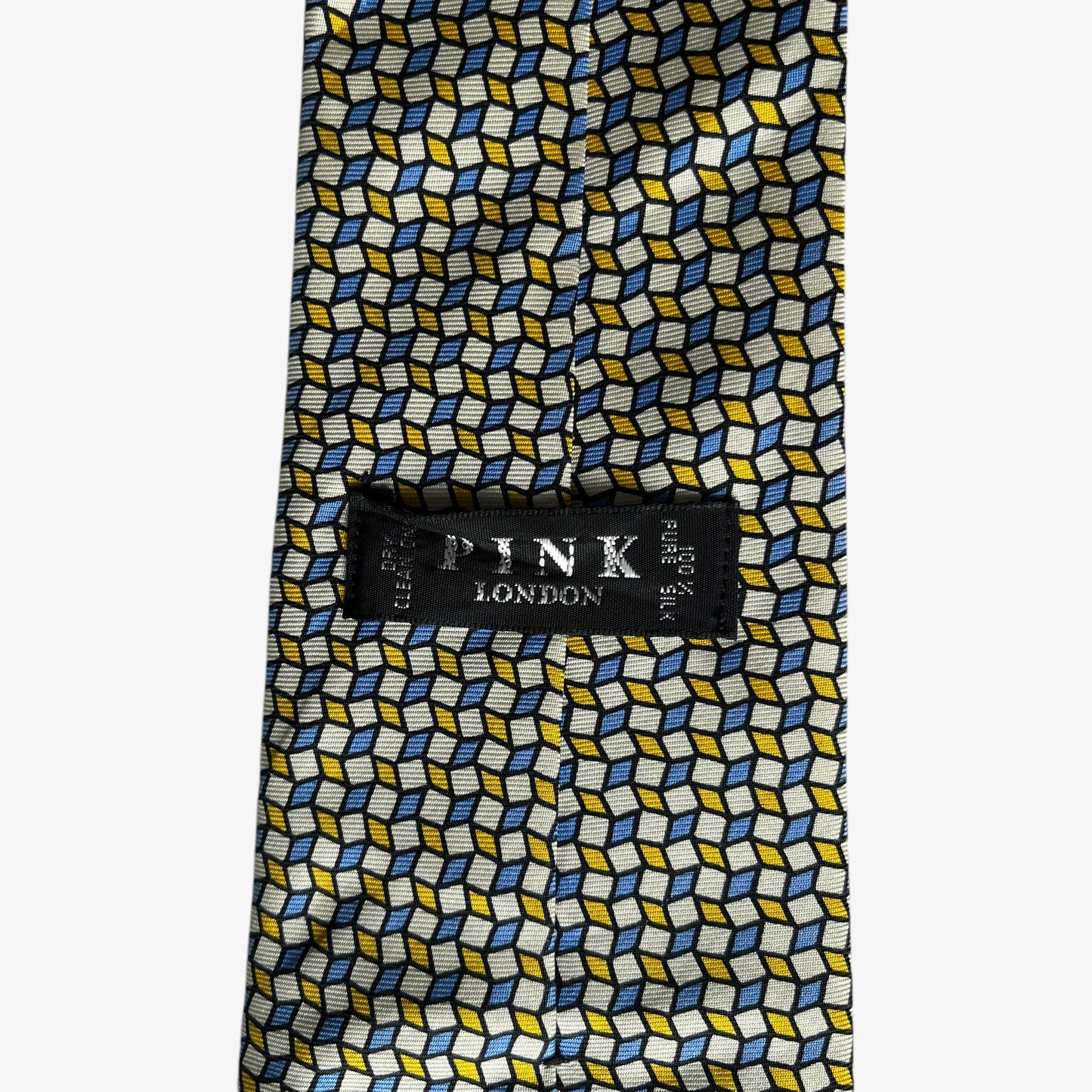 Vintage 90s Thomas Pink Yellow And Blue Abstract Square Print Silk Tie Label - Casspios Dream