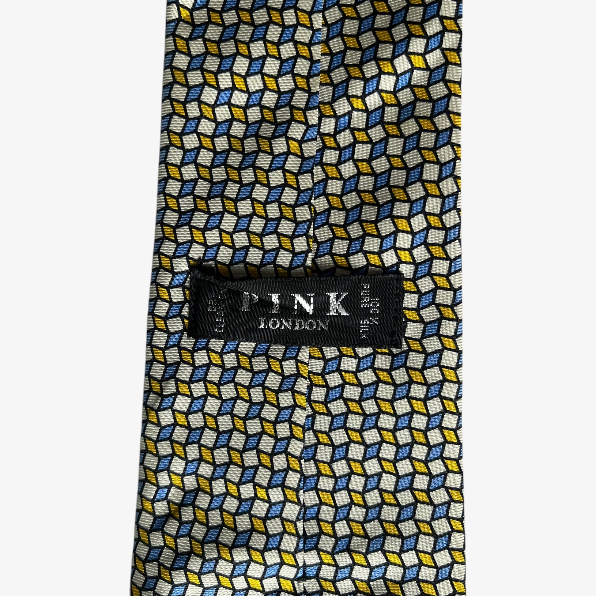 Vintage 90s Thomas Pink Yellow And Blue Abstract Square Print Silk Tie Label - Casspios Dream