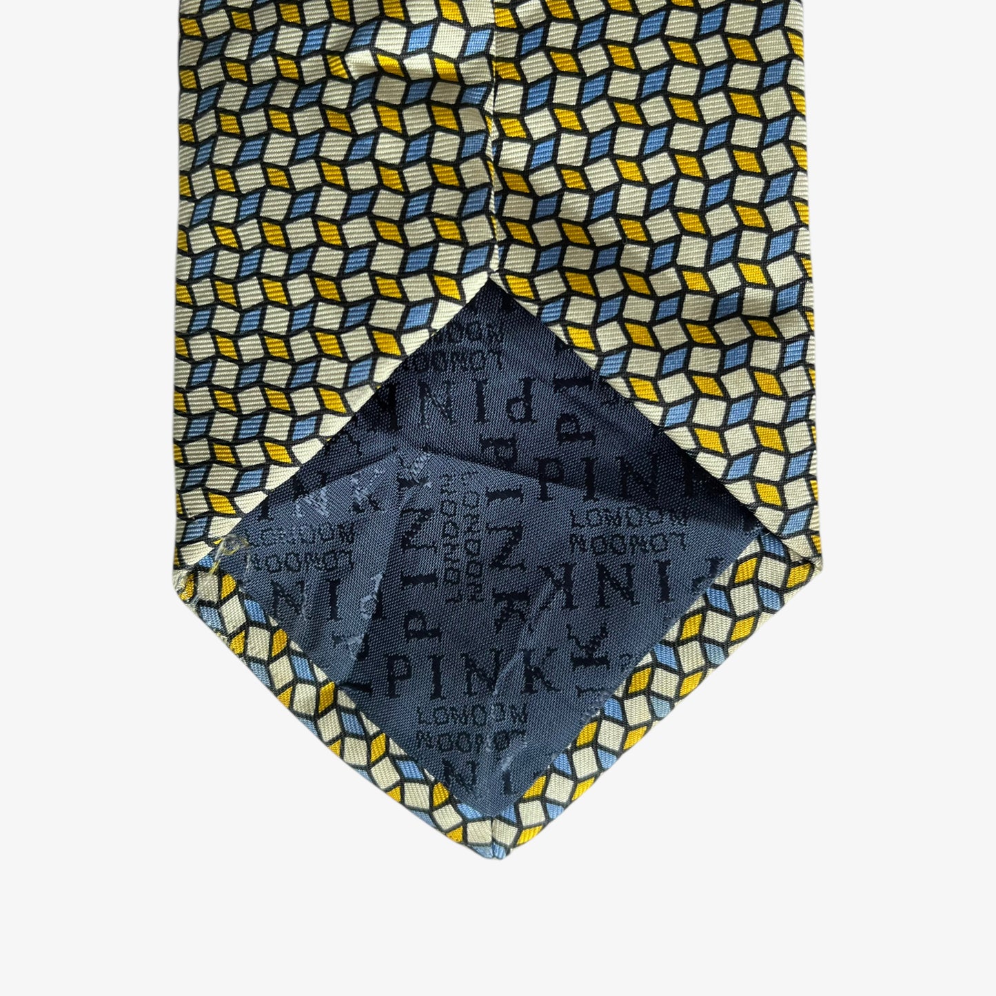 Vintage 90s Thomas Pink Yellow And Blue Abstract Square Print Silk Tie Logo - Casspios Dream