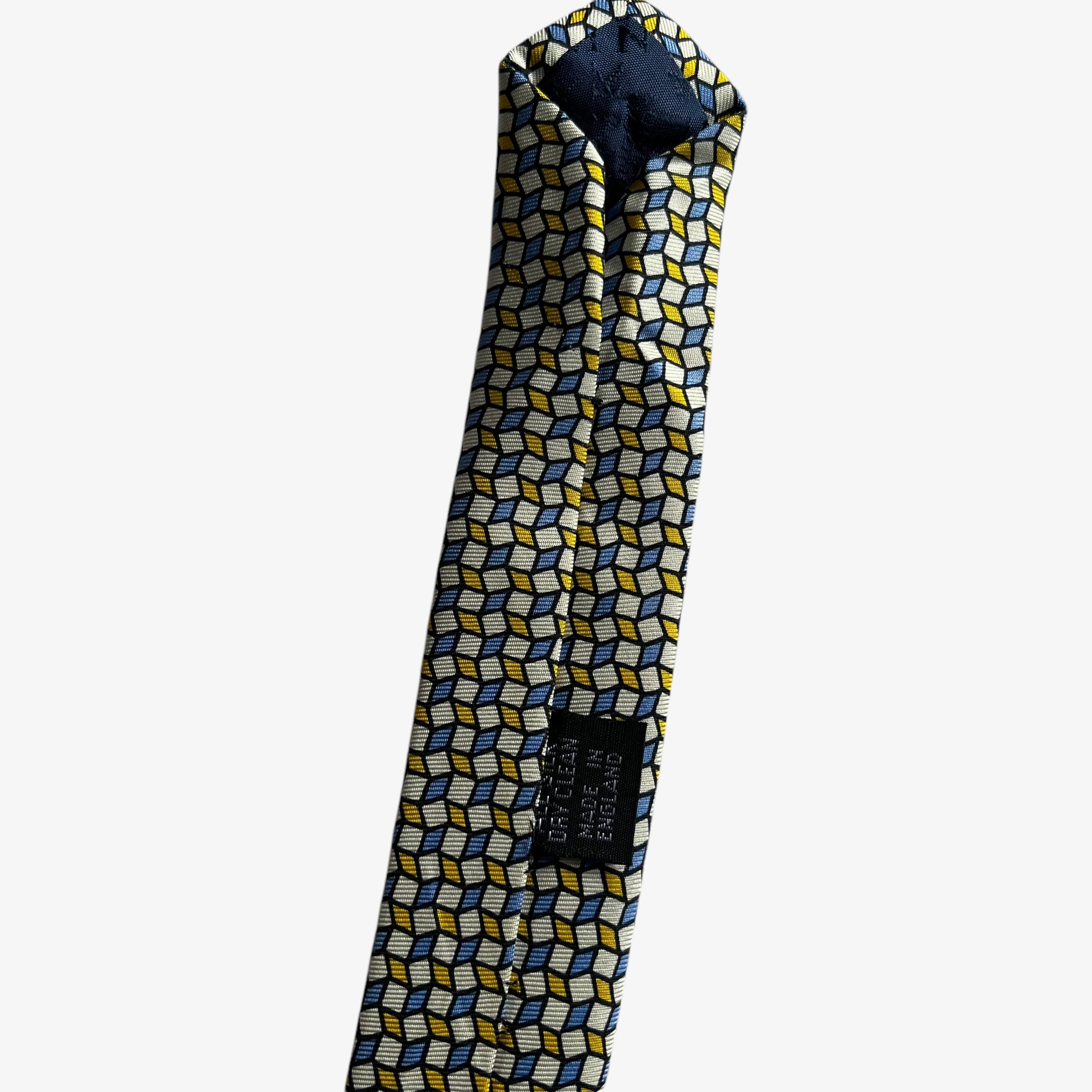 Vintage 90s Thomas Pink Yellow And Blue Abstract Square Print Silk Tie Made In England - Casspios Dream