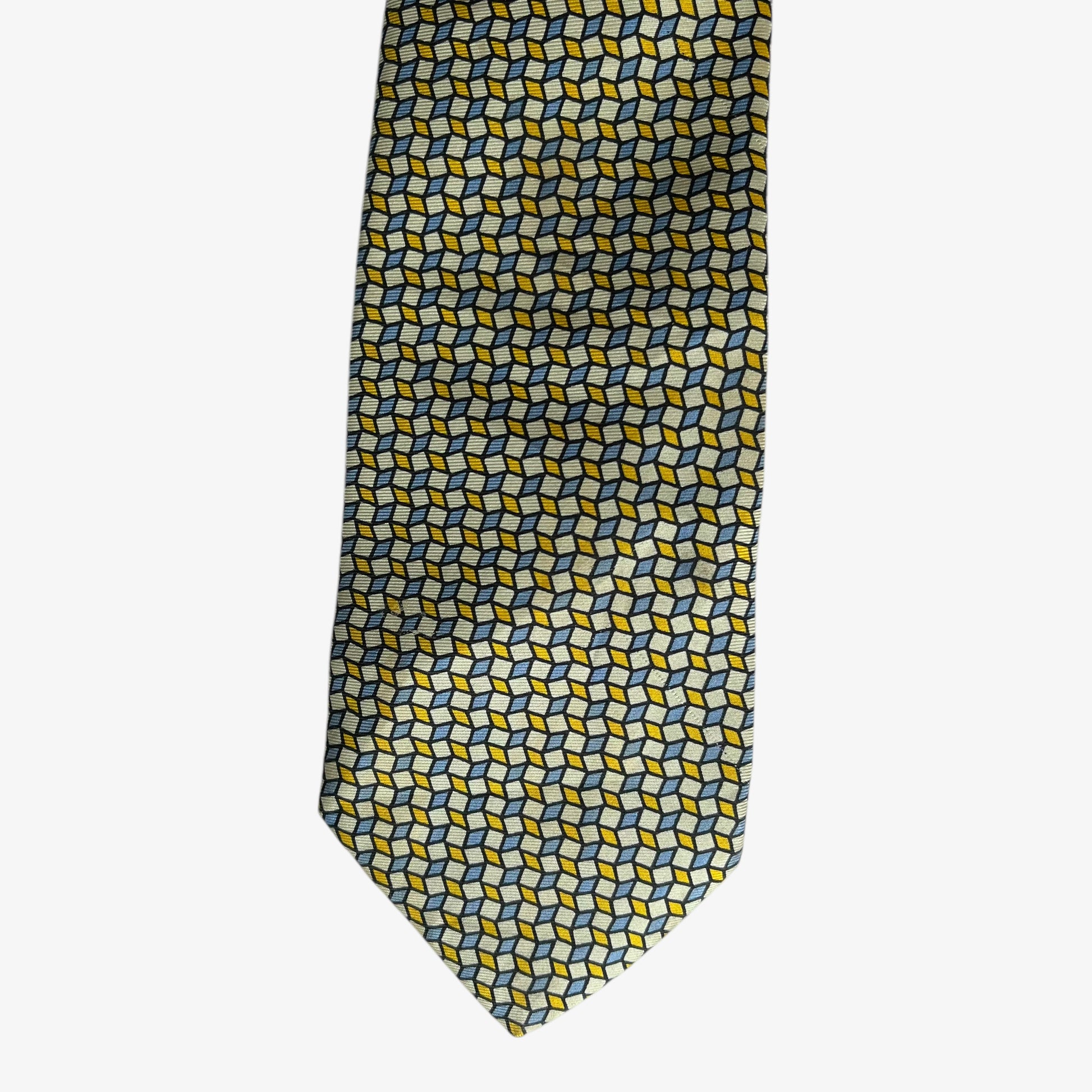 Vintage 90s Thomas Pink Yellow And Blue Abstract Square Print Silk Tie Retro - Casspios Dream