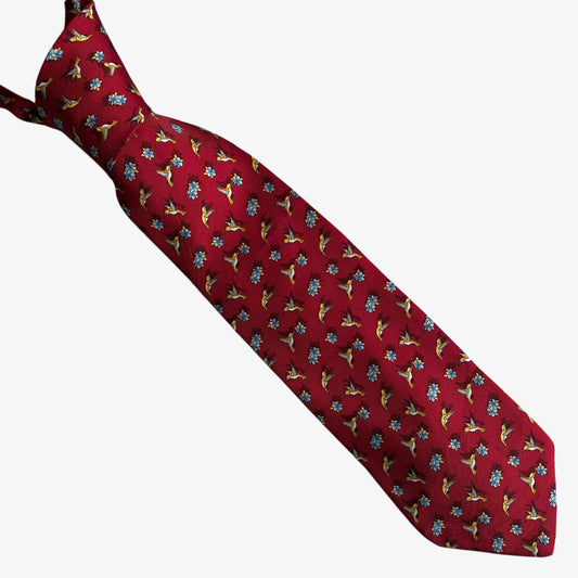 Vintage 90s Tie Rack Beaufort Geometric Bird And Floral Print Red Silk Tie - Casspios Dream