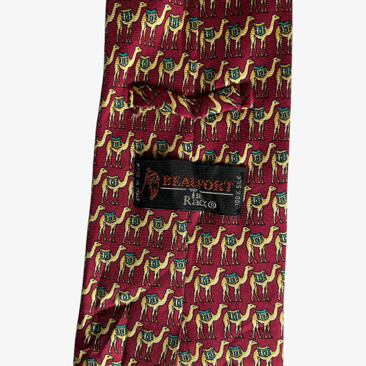 Vintage 90s Tie Rack Beaufort Geometric Camel Print Red Silk Tie Label - Casspios Dream