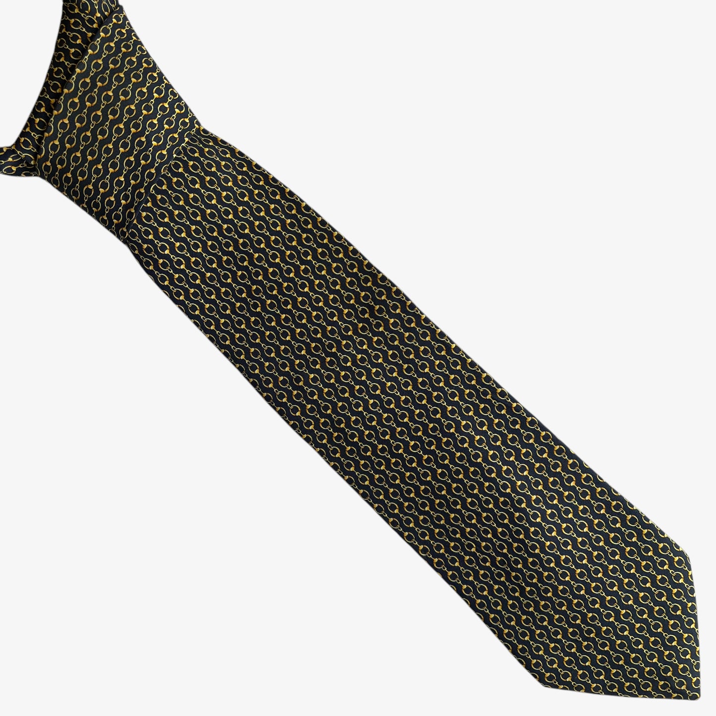 Vintage 90s Tie Rack Beaufort Gold Chain Link Print Black Silk Tie - Casspios Dream