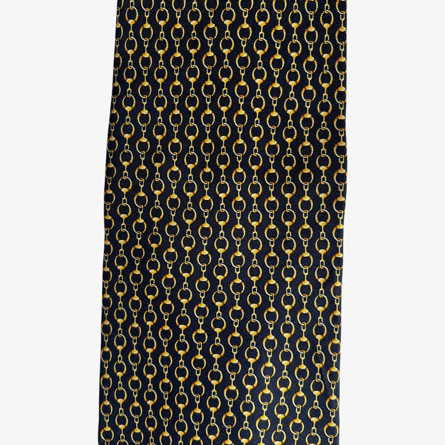Vintage 90s Tie Rack Beaufort Gold Chain Link Print Black Silk Tie Equestrian - Casspios Dream