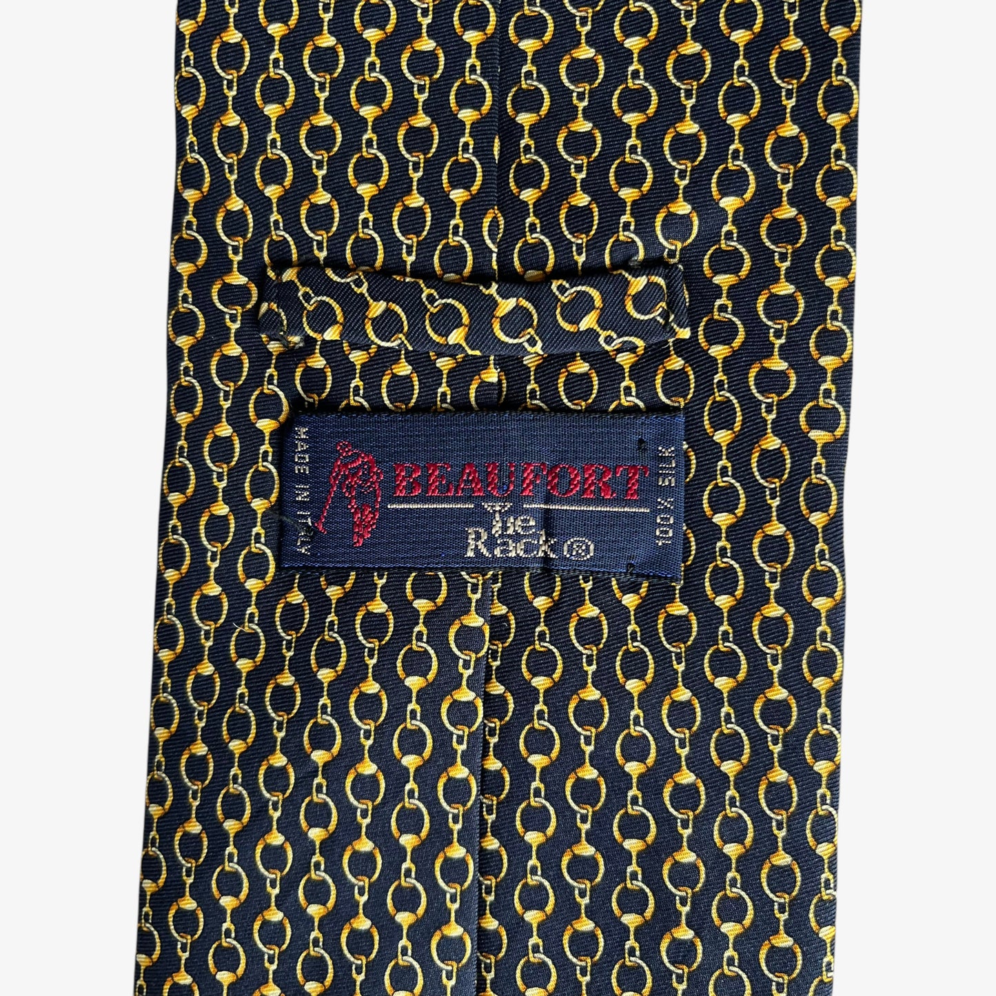 Vintage 90s Tie Rack Beaufort Gold Chain Link Print Black Silk Tie Label - Casspios Dream