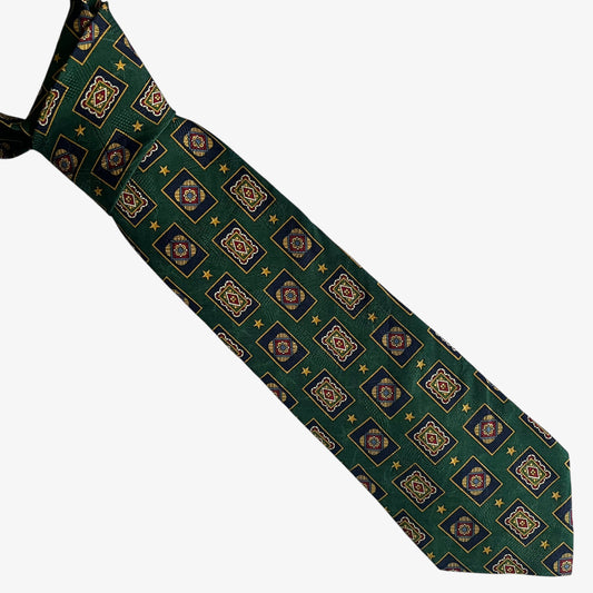 Vintage 90s Tommy Hilfiger Geometric Abstract Star Print Green Silk Tie - Casspios Dream
