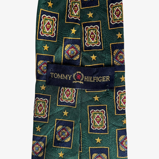 Vintage 90s Tommy Hilfiger Geometric Abstract Star Print Green Silk Tie Label - Casspios Dream