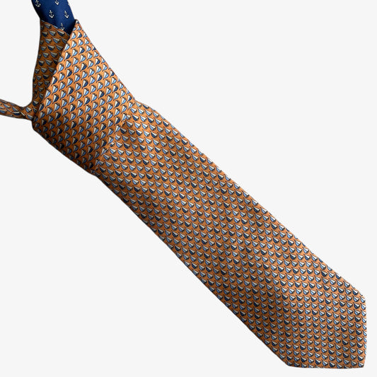 Vintage 90s Tommy Hilfiger Geometric Sailing Boat Print Orange Silk Tie - Casspios Dream