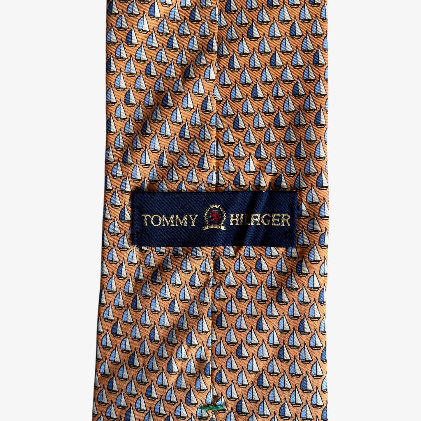 Vintage 90s Tommy Hilfiger Geometric Sailing Boat Print Orange Silk Tie Label - Casspios Dream