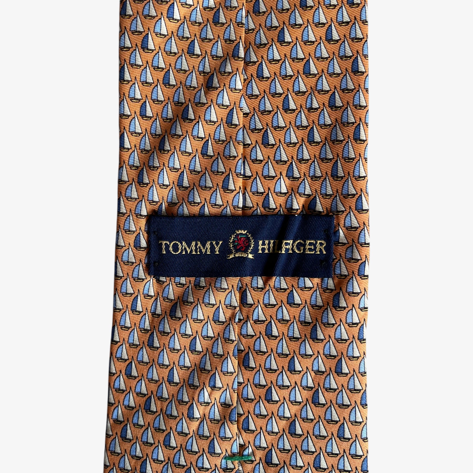 Vintage 90s Tommy Hilfiger Geometric Sailing Boat Print Orange Silk Tie Label - Casspios Dream