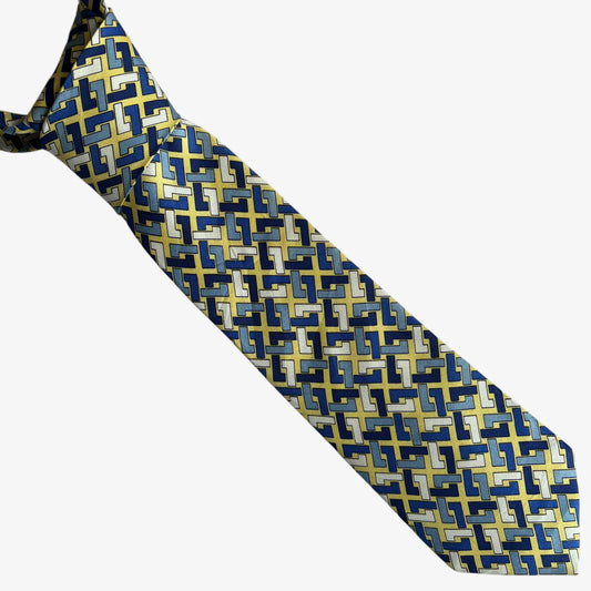 Vintage 90s Turnbull And Asser Blue Abstract Print Yellow Silk Tie - Casspios Dream