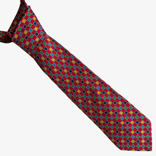 Vintage 90s Turnbull And Asser Colourful Geometric Square Print Red Silk Tie - Casspios Dream