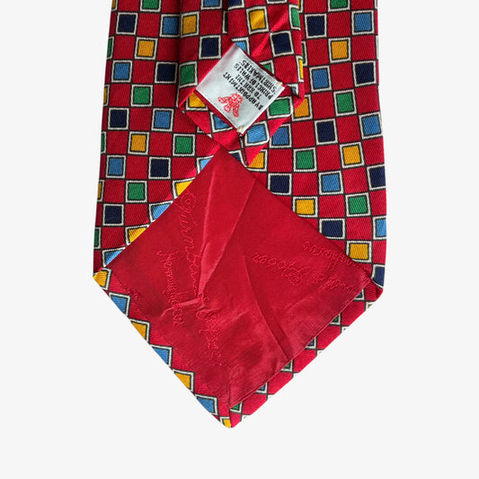 Vintage 90s Turnbull And Asser Colourful Geometric Square Print Red Silk Tie Label - Casspios Dream