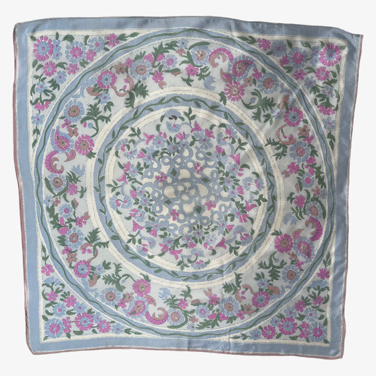 Vintage 90s Usna Pink And Blue Abstract Floral Print Pale Blue Silk Scarf - Casspios Dream