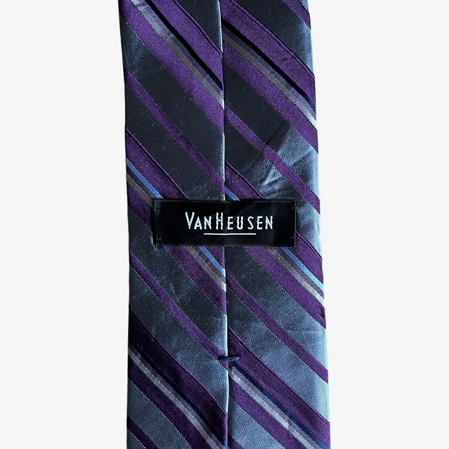 Vintage 90s Van Heusen Purple And Grey Striped Silk Tie Label - Casspios Dream