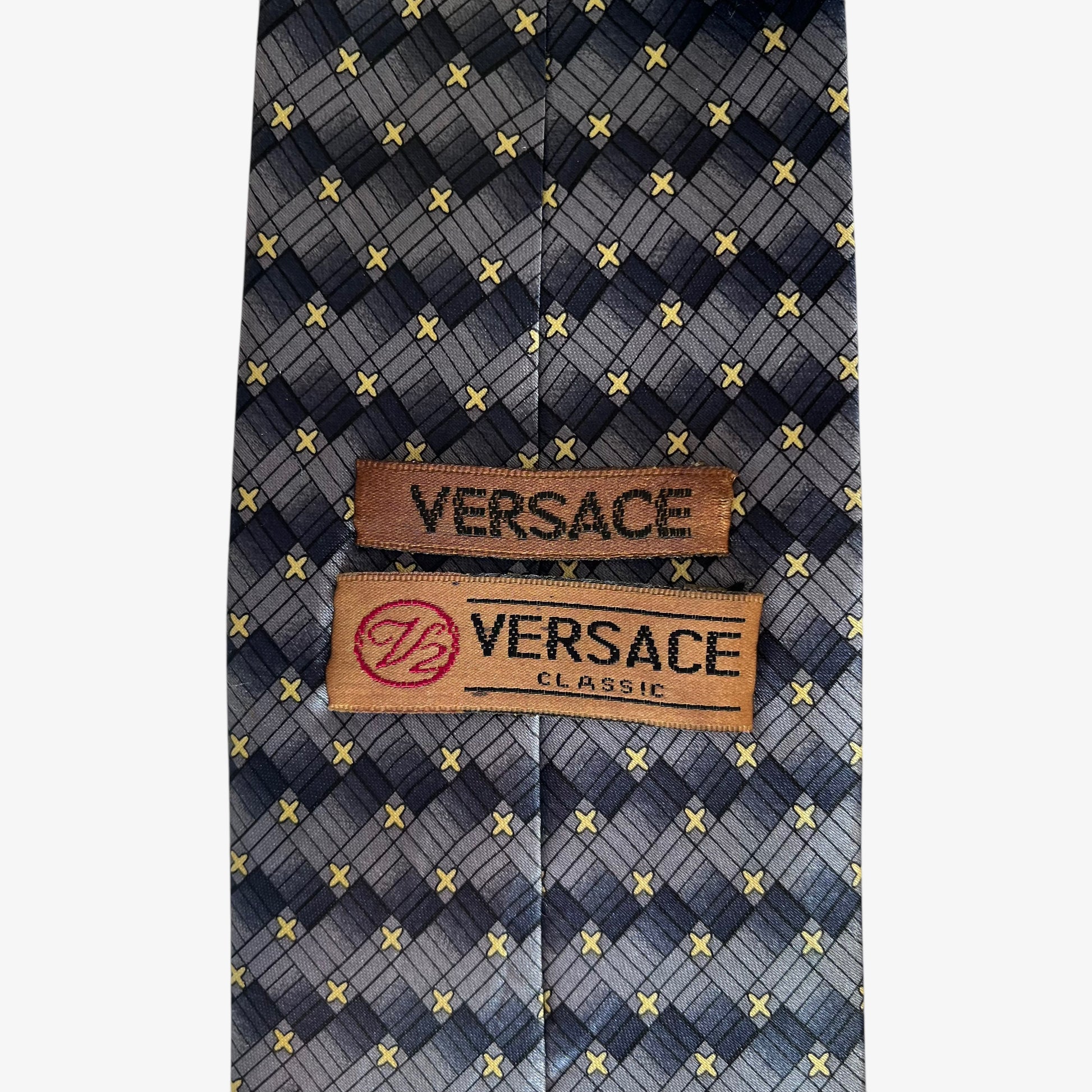 Vintage 90s Versace Classic V2 Geometric Print Silk Tie Label - Casspios Dream
