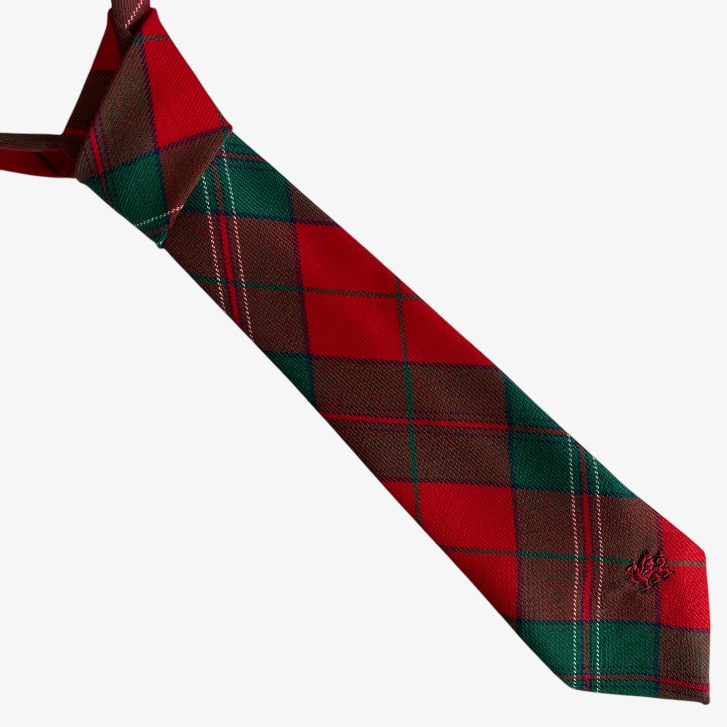 Vintage 90s Welsh Red And Green Tartan Print Wool Tie With Dragon Embroidery - Casspios Dream