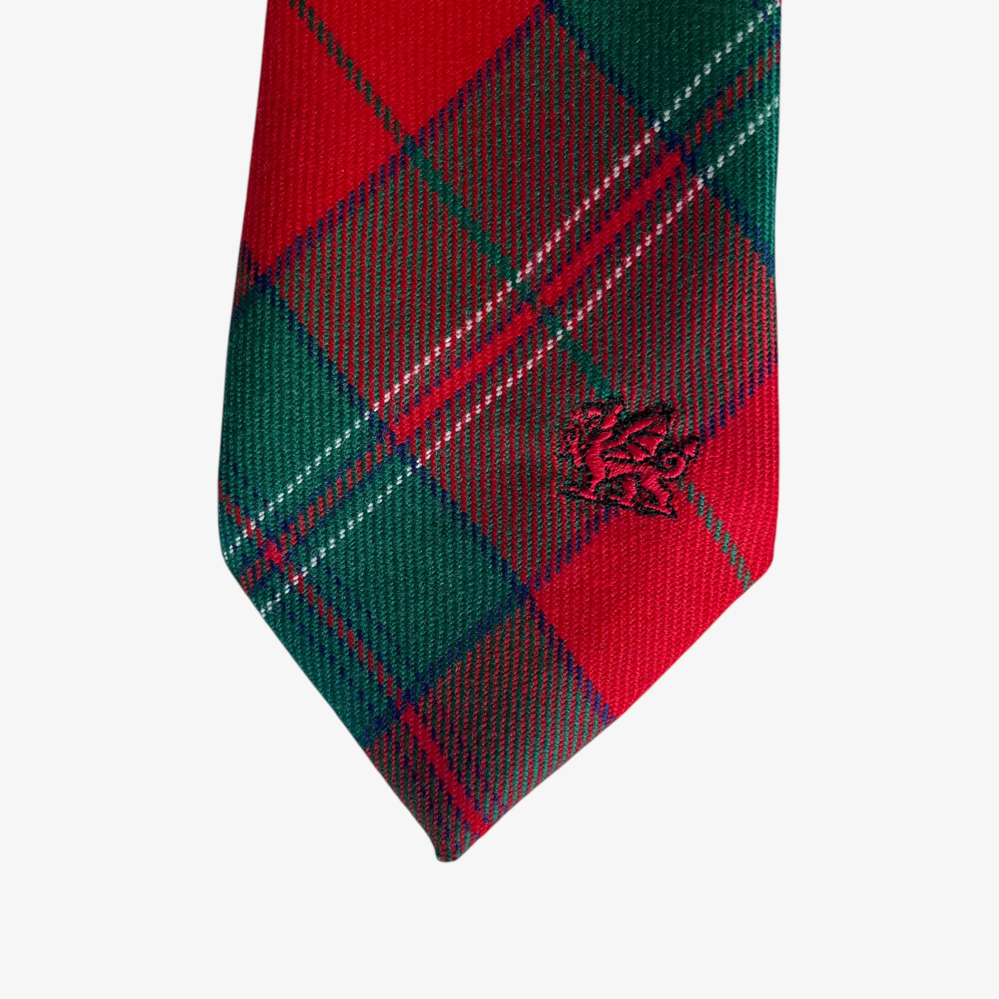Vintage 90s Welsh Red And Green Tartan Print Wool Tie With Dragon Embroidery Flag - Casspios Dream