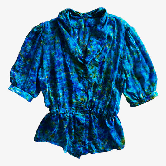 Vintage 90s Womens Abstract Sea Print Short Balloon Sleeve Blue & Green Silk Blouse - Casspios Dream
