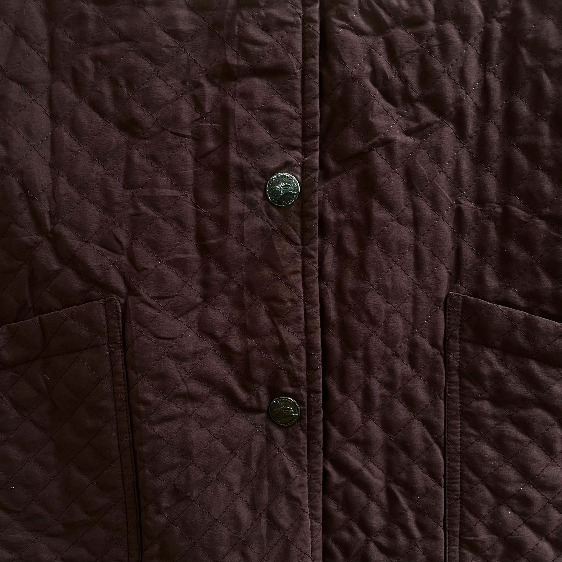 Vintage 90s Womens Burberry Purple Quilted Jacket With Brown Corduroy Collar Button - Casspios Dream