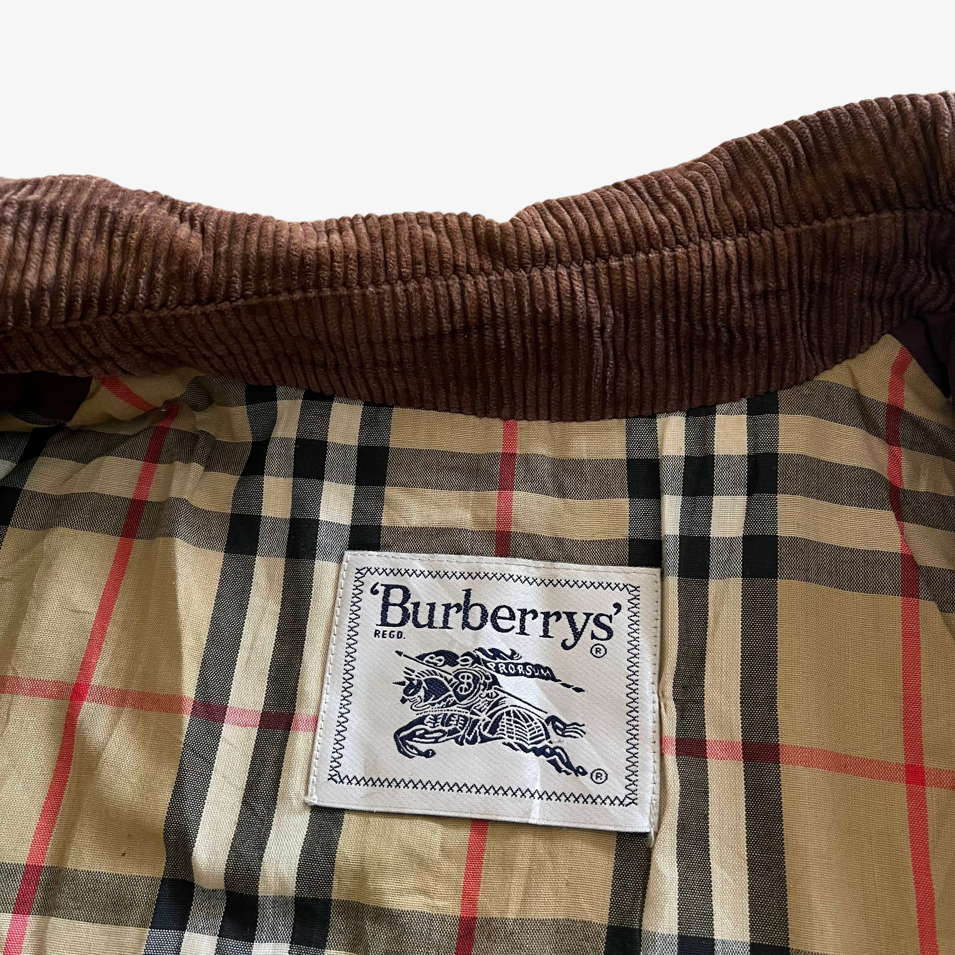 Vintage 90s Womens Burberry Purple Quilted Jacket With Brown Corduroy Collar Label - Casspios Dream