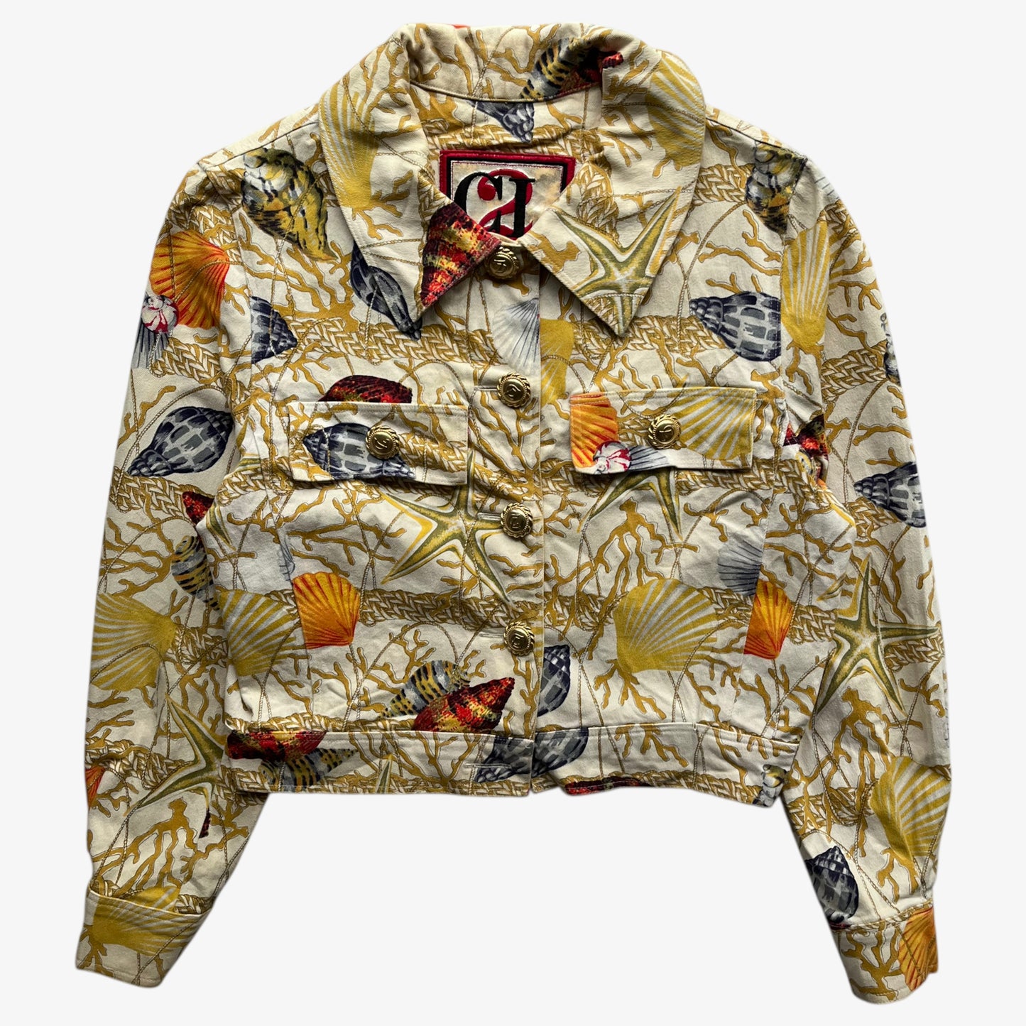 Vintage 90s women's Christian Llinares CL2 nautical seashell print gold trucker jacket.