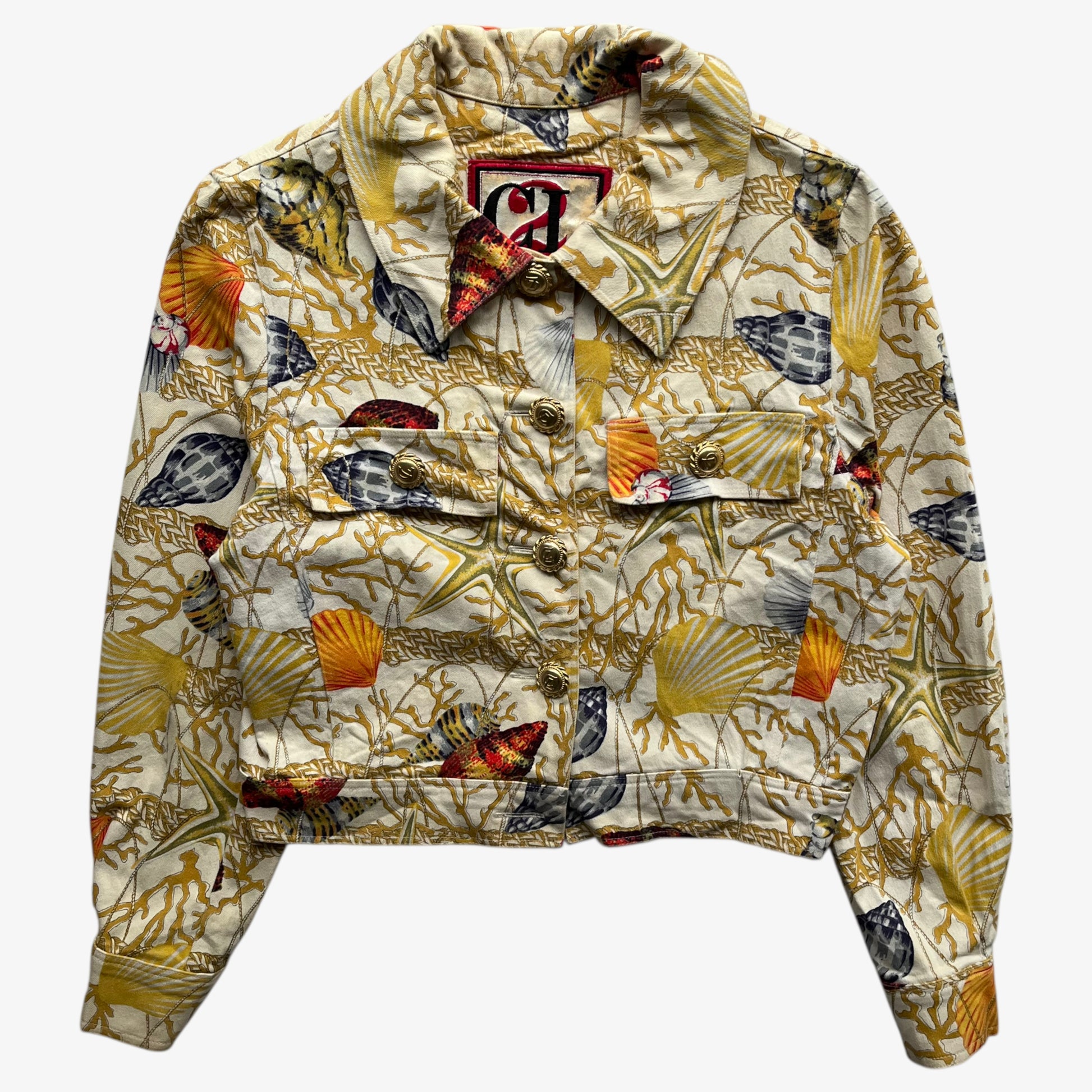 Vintage 90s women's Christian Llinares CL2 nautical seashell print gold trucker jacket.