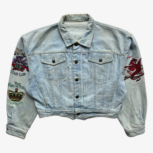Vintage 90s women's Diavolo and Angeli star club blue denim jacket with back embroidered dragon.