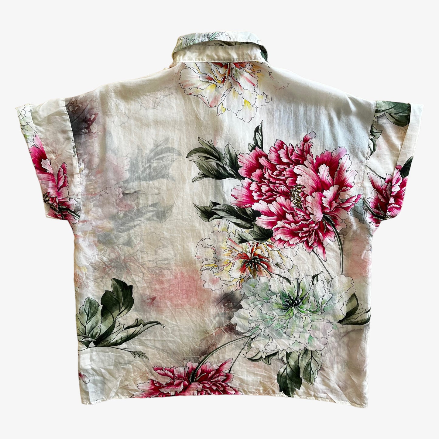 Vintage 90s Womens Henry Cottons Floral Print Quarter Button Silk Shirt Back - Casspios Dream