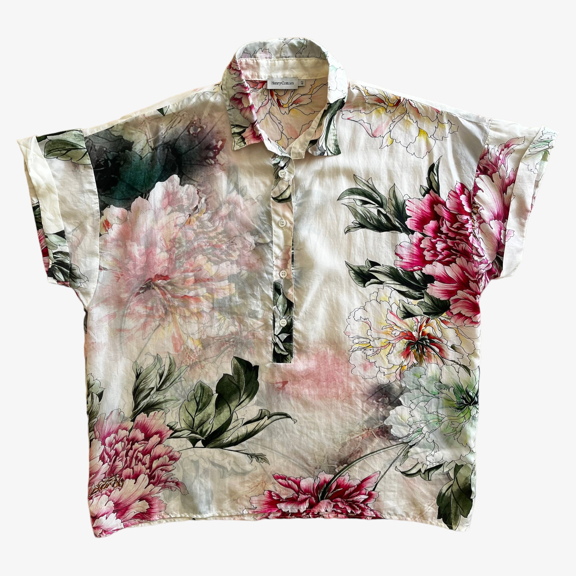 Vintage 90s Womens Henry Cottons Floral Print Quarter Button Silk Shirt - Casspios Dream