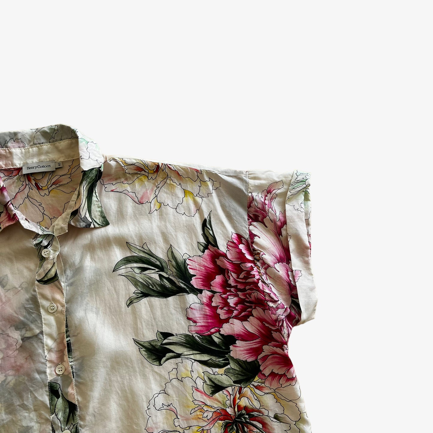 Vintage 90s Womens Henry Cottons Floral Print Quarter Button Silk Shirt Cuff - Casspios Dream