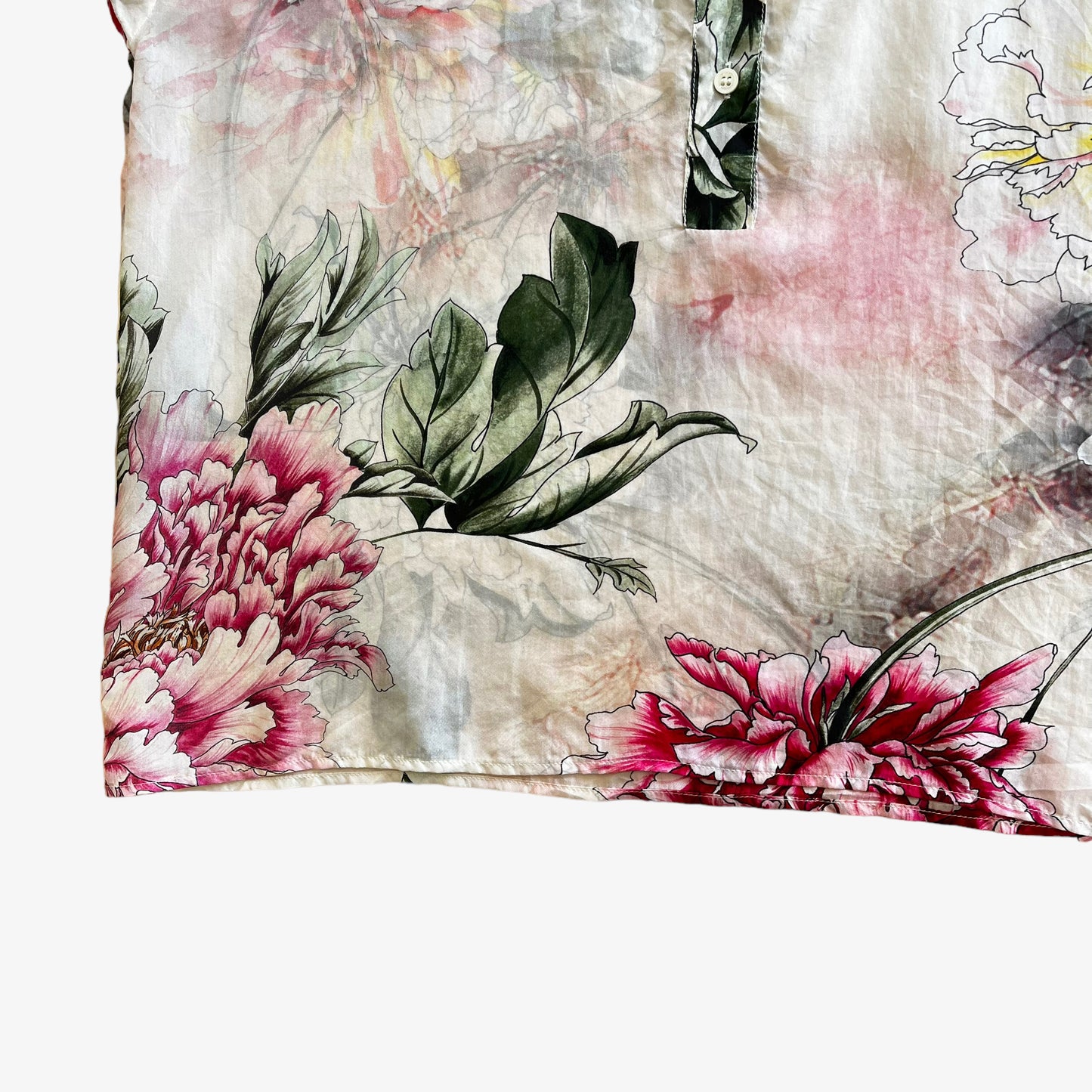 Vintage 90s Womens Henry Cottons Floral Print Quarter Button Silk Shirt Hem - Casspios Dream