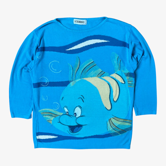 Vintage 90s ICEBERG women’s blue knitted jumper with 1991 Disney Little Mermaid Flounder embroidered design.