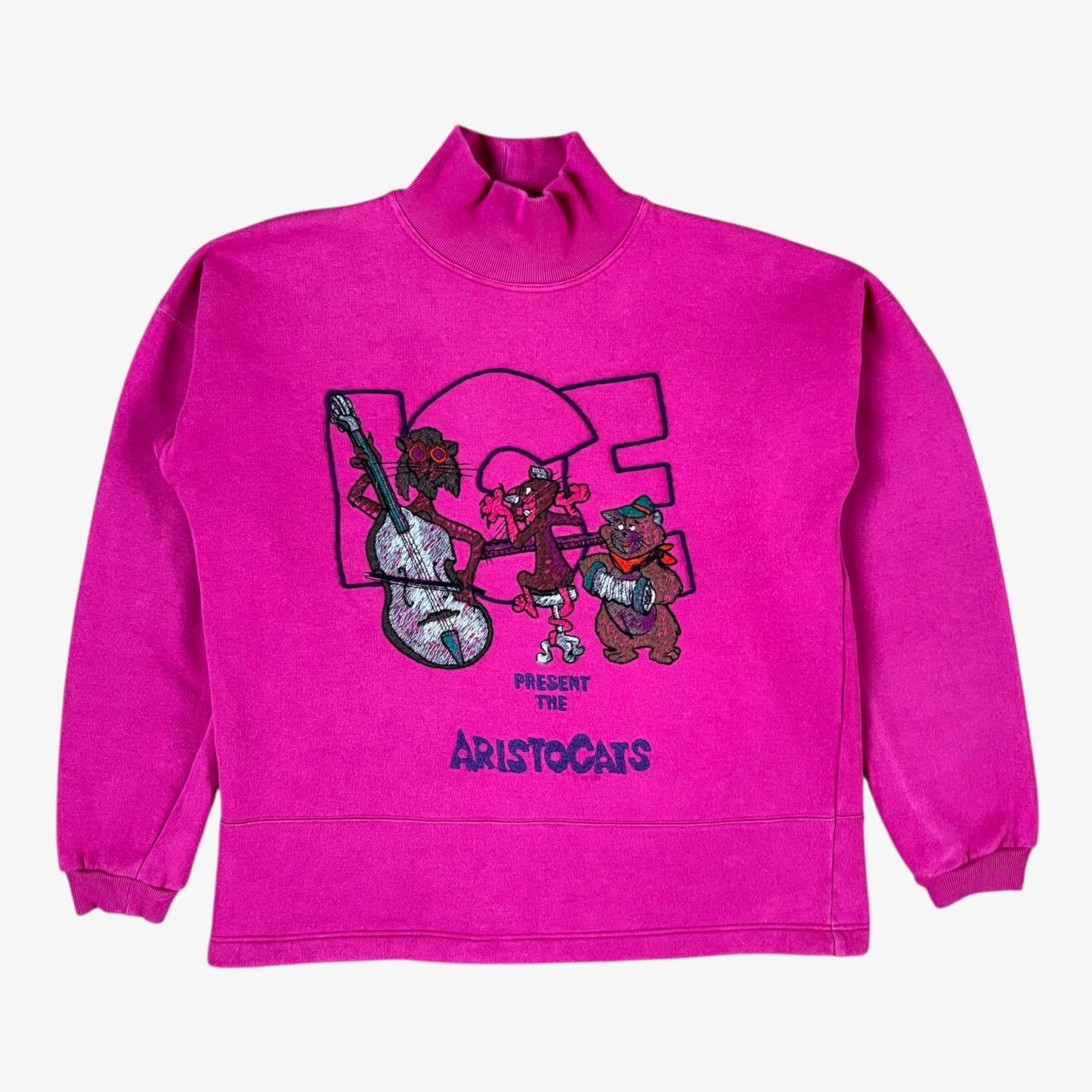 Vintage 90s ICEBERG Disney Aristocats women’s pink turtleneck sweatshirt with embroidered cartoon design and retro Italian style.