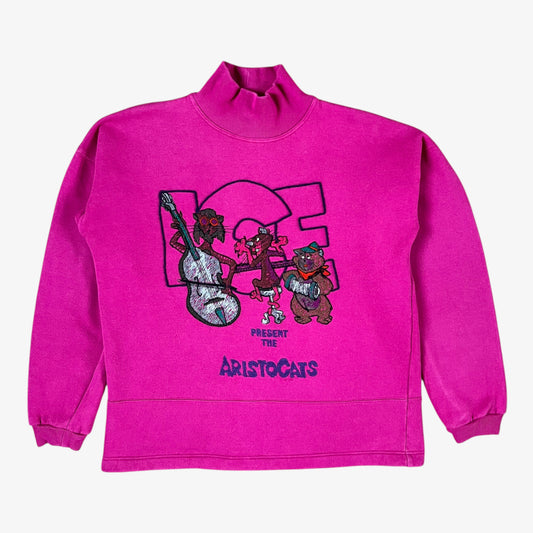 Vintage 90s ICEBERG Disney Aristocats women’s pink turtleneck sweatshirt with embroidered cartoon design and retro Italian style.