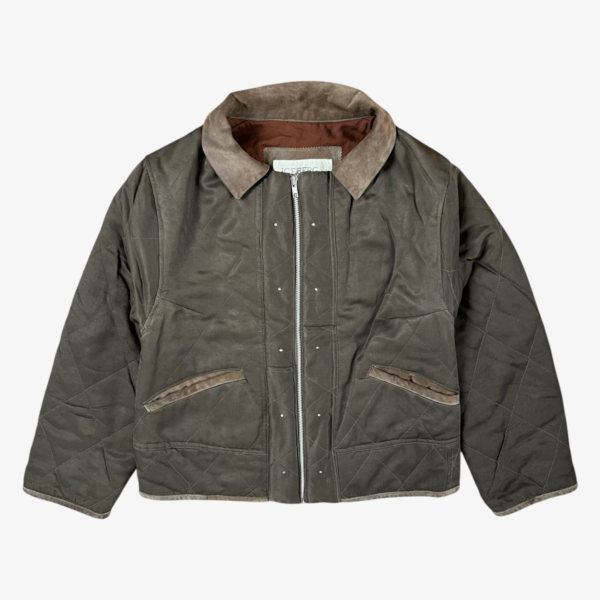 Vintage 90s Iceberg women’s khaki quilted bomber jacket with Disney Aristocats embroidery and brown leather collar.