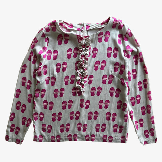 Vintage 90s Womens Kramer Pink Sandal Print Long Sleeve Silk Ruffle Blouse - Casspios Dream