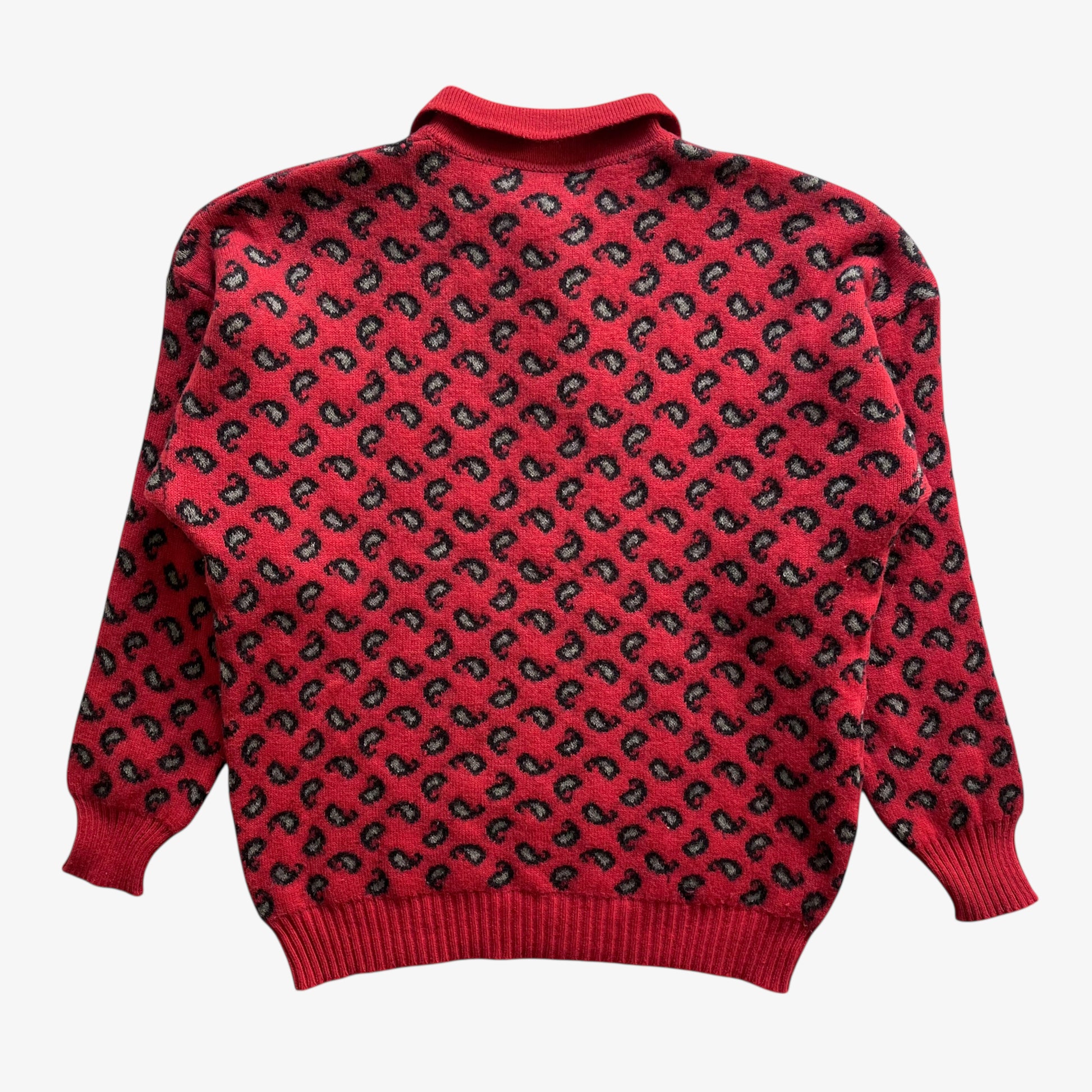 Vintage 90s Womens Krizia Embroidered Panther Wool And Cashmere Paisley Print Red Collared Jumper Back - Casspios Dream