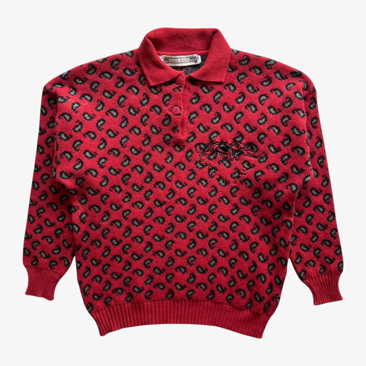 Vintage 90s Womens Krizia Embroidered Panther Wool And Cashmere Paisley Print Red Collared Jumper - Casspios Dream