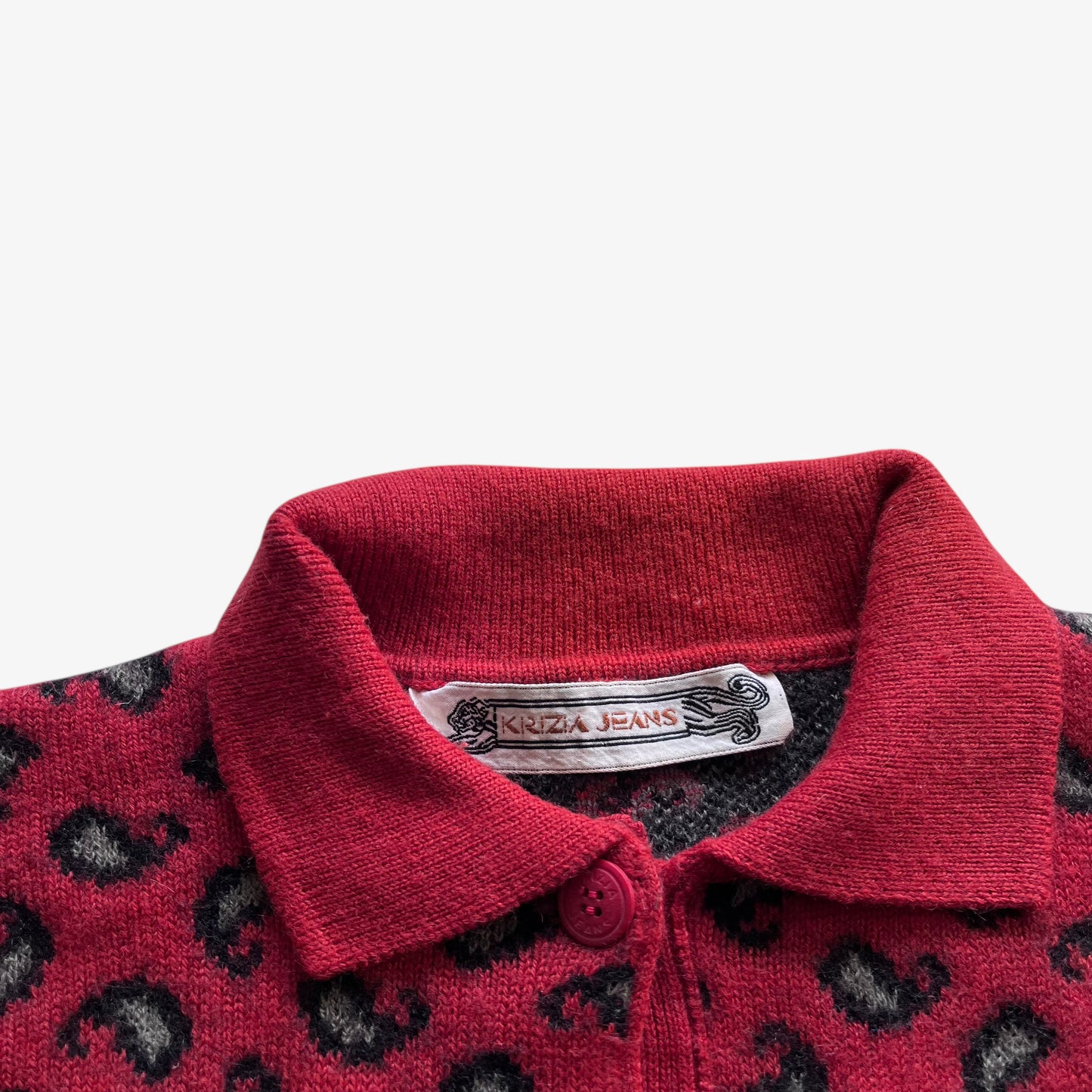 Vintage 90s Womens Krizia Embroidered Panther Wool And Cashmere Paisley Print Red Collared Jumper Label - Casspios Dream
