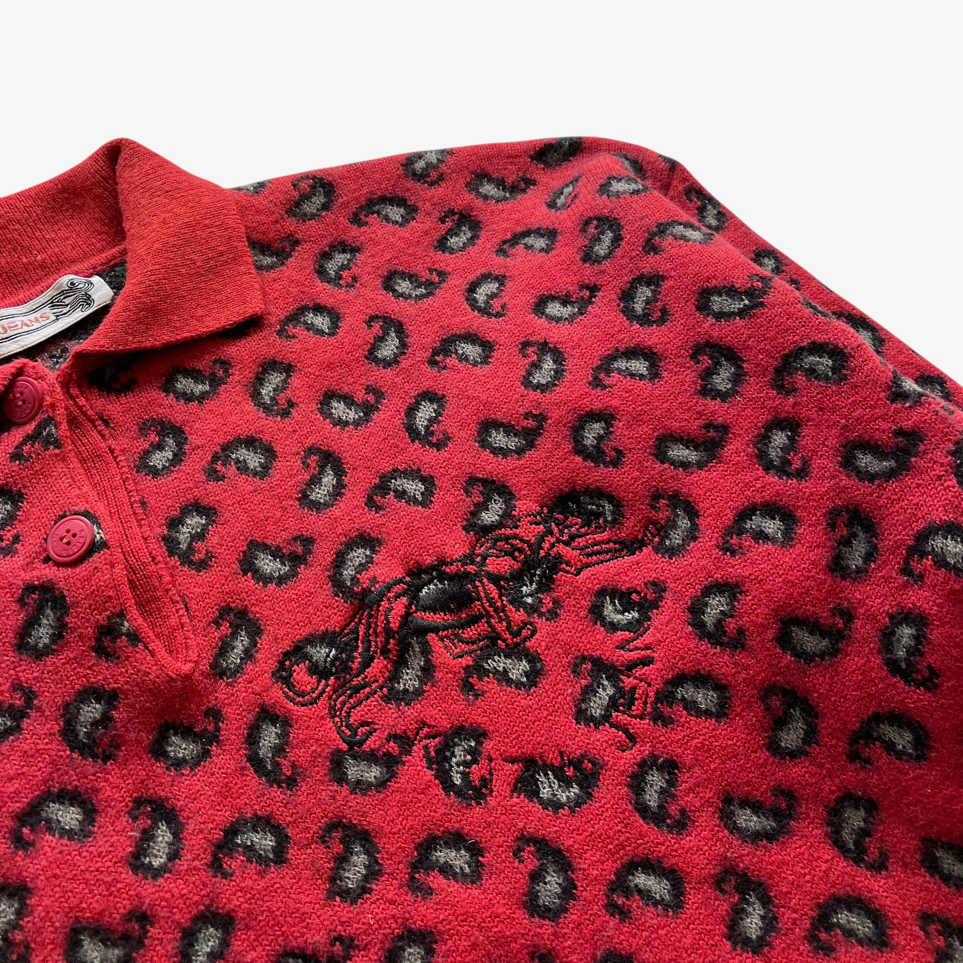 Vintage 90s Womens Krizia Embroidered Panther Wool And Cashmere Paisley Print Red Collared Jumper Logo - Casspios Dream
