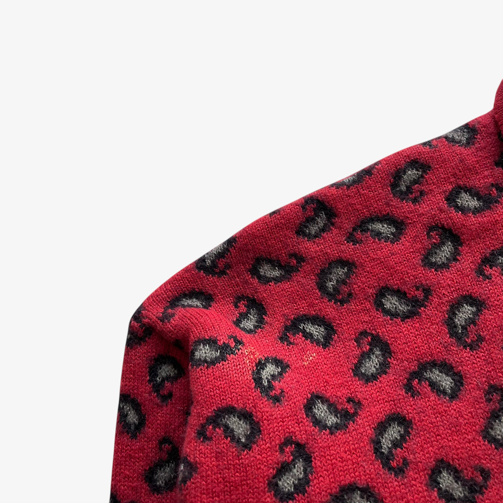 Vintage 90s Womens Krizia Embroidered Panther Wool And Cashmere Paisley Print Red Collared Jumper Wear - Casspios Dream