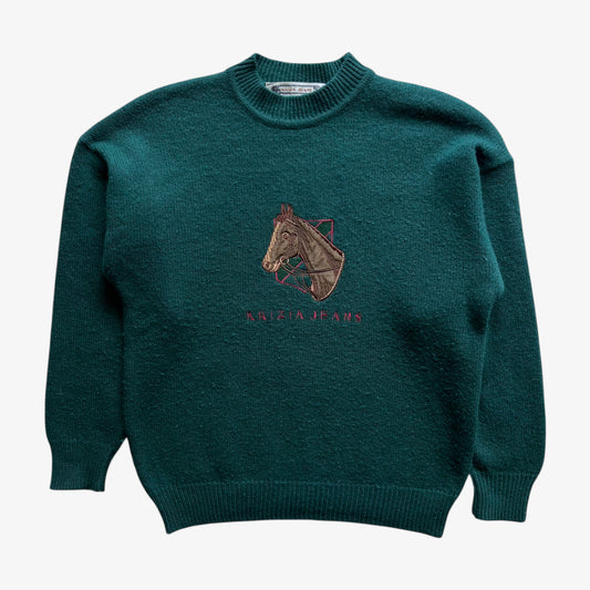 Vintage 90s Womens Krizia Jeans Embroidered Horse Green Wool Blend Jumper - Casspios Dream