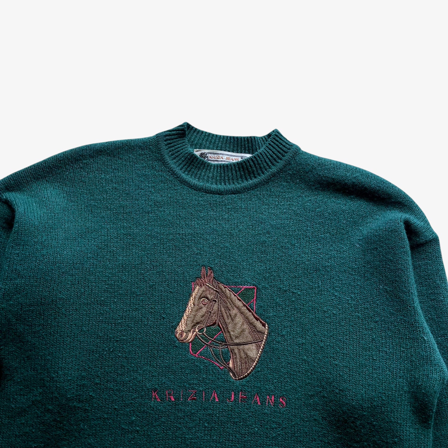 Vintage 90s Womens Krizia Jeans Embroidered Horse Green Wool Blend Jumper Equestrian - Casspios Dream