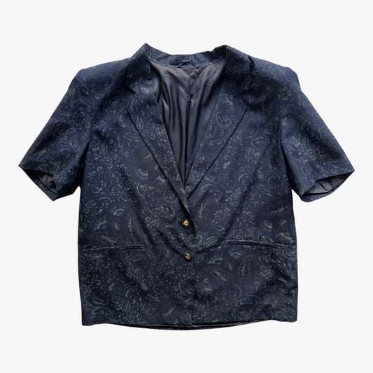 Vintage 90s Womens Marina Rinaldi Navy Paisley Print Short Sleeve Silk Blazer With Shoulder Pads - Casspios Dream