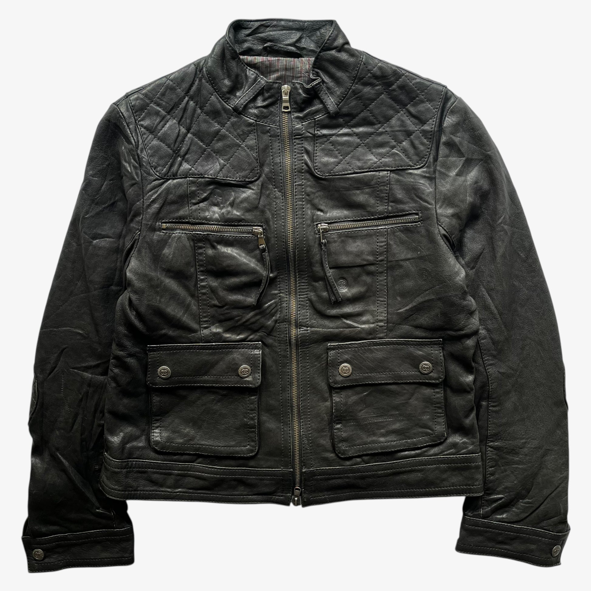 Vintage 90s women's Marlboro Classics black quilted leather biker jacket.